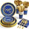Graduation Decorations 2026-175 PCS Blue Gold Disposable Dinnerware Set, Congrats Grad Party Supplies w/Paper Plates Cups Napkins & Plastic Cutlery, Serves 25 for School College Class 2026